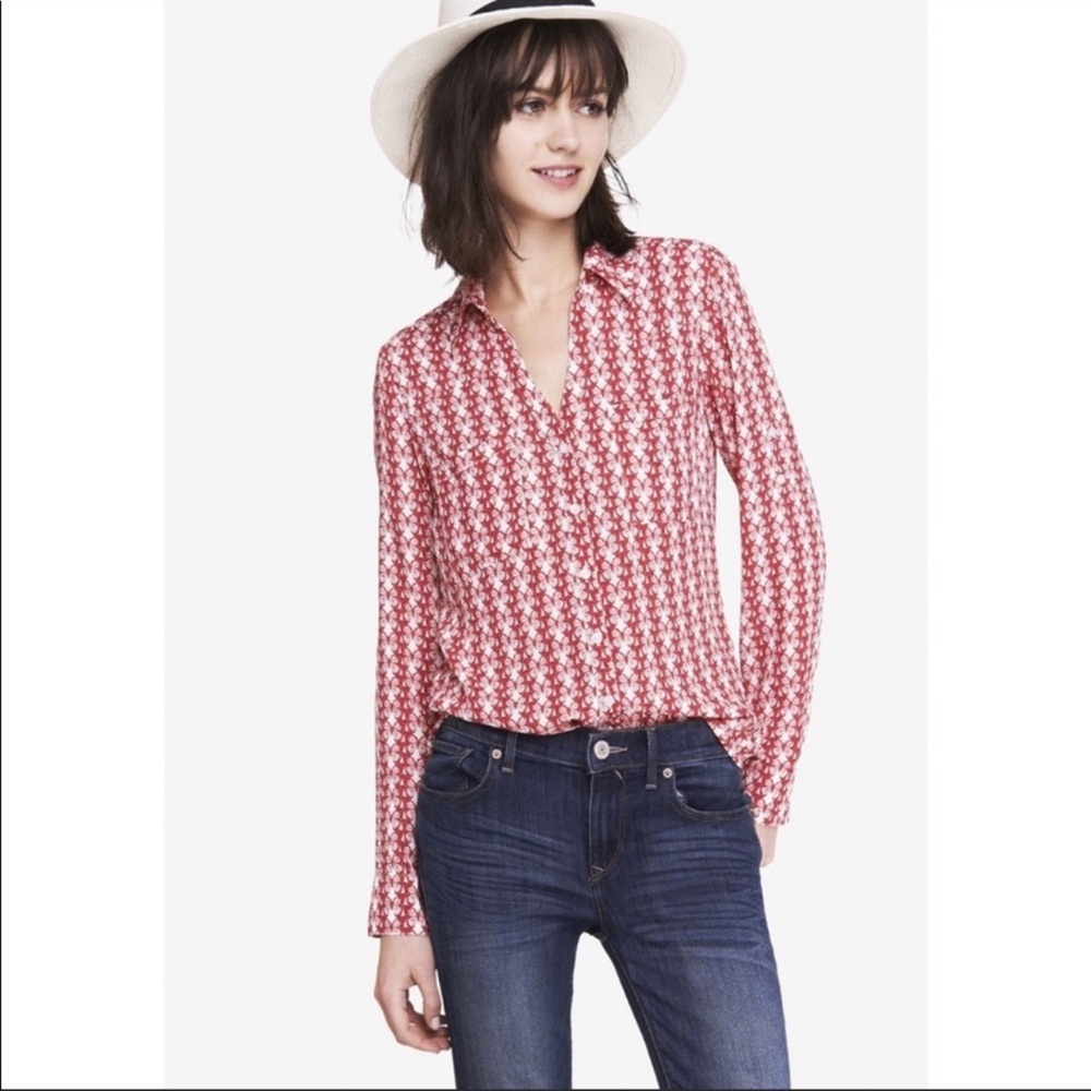 Express Women Portofino Butterfly Printed Red White Button Front Top Blouse XS